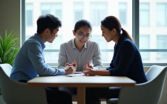 Two diverse students collaborating with a professional mentor in a bright, modern setting